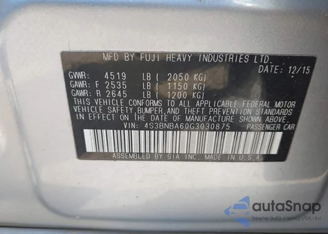 2016 Subaru Legacy 2.5I из США, поврежденный, VIN 4S3BNBA60G3030875